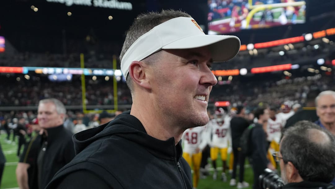 Dec 27, 2024; Las Vegas, NV, USA; Southern California Trojans head coach Lincoln Riley reacts after the game against the Texas A&M Aggies at Allegiant Stadium. Mandatory Credit: Kirby Lee-Imagn Images