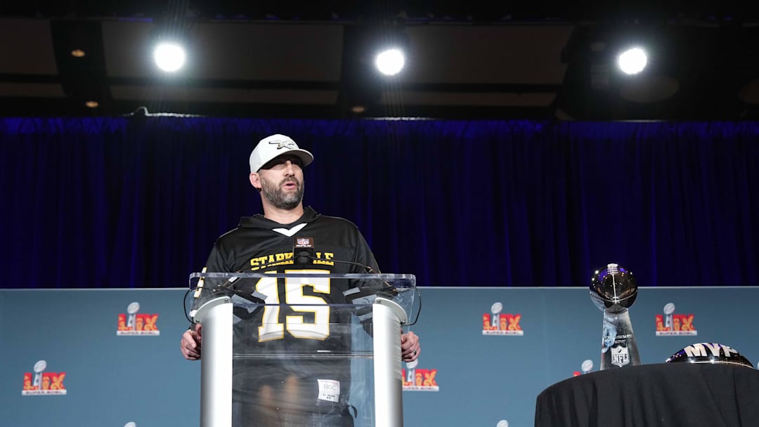 Feb 10, 2025; New Orleans, LA, USA; Philadelphia Eagles coach Nick Sirianni speaks at the Super Bowl LIX Winning Head Coach and Most Valuable Player press conference at the Ernest N. Morial Convention Center. Mandatory Credit: Kirby Lee-Imagn Images