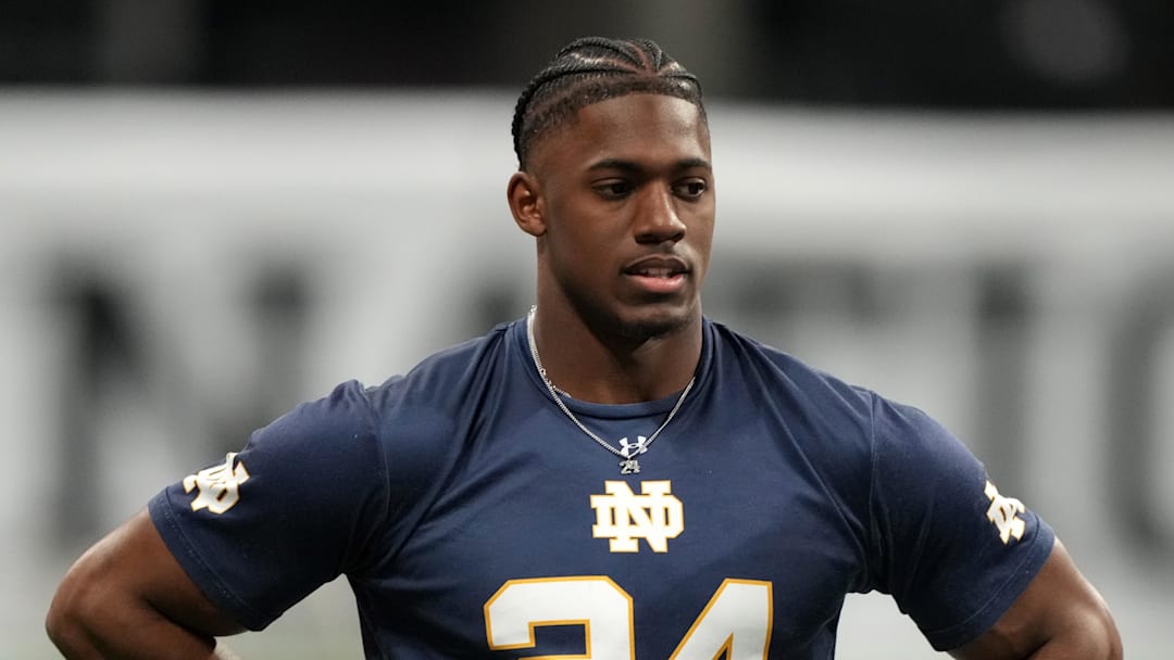 Jan 18, 2025; Atlanta, GA, USA; Notre Dame Fighting Irish running back Jadarian Price (24) during practice at Mercedes-Benz Stadium. Mandatory Credit: Kirby Lee-Imagn Images