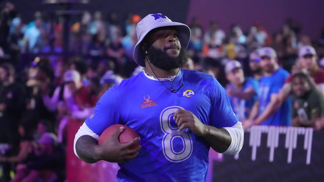 Jan 30, 2025; Orlando, FL, USA; NFC linebacker Jared Verse of the Los Angeles Rams (8) runs in the relay race during the Pro Bowl Skills Challenge at Nicholson Fieldhouse. Mandatory Credit: Kirby Lee-Imagn Images
