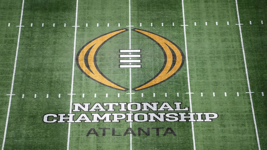 The College Football Playoff National Championship logo at midfield at Mercedes-Benz Stadium, the site of the 2025 College Football Playoff National Championship between the Ohio State Buckeyes and the Notre Dame Fighting Irish. The College Football Playoff National Championship logo at midfield at Mercedes-Benz Stadium, the site of the 2025 College Football Playoff National Championship between the Ohio State Buckeyes and the Notre Dame Fighting Irish.