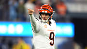 Nov 17, 2024; Inglewood, California, USA; Cincinnati Bengals quarterback Joe Burrow (9) gestures after a first down against the Los Angeles Chargers in the second half at SoFi Stadium. Mandatory Credit: Kirby Lee-Imagn Images