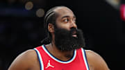 Jan 25, 2025; Inglewood, California, USA; LA Clippers guard James Harden (1) reacts against the Milwaukee Bucks in the second half at Intuit Dome. Mandatory Credit: Kirby Lee-Imagn Images