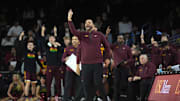 Feb 15, 2025; Los Angeles, California, USA; Minnesota Golden Gophers head coach Ben Johnson reacts against the Southern California Trojans in the second half at Galen Center. Mandatory Credit: Kirby Lee-Imagn Images
