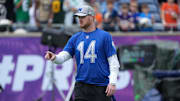 Feb 1, 2025; Orlando, FL, USA; Minnesota Vikings quarterback Sam Darnold (14) during NFC Practice for the Pro Bowl Games at Camping World Stadium. Mandatory Credit: Kirby Lee-Imagn Images