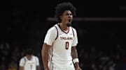 Dec 18, 2024; Los Angeles, California, USA; Southern California Trojans forward Saint Thomas (0) celebrates in the second half against the Cal State Northridge Matadors at Galen Center. Mandatory Credit: Kirby Lee-Imagn Images