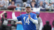 Feb 1, 2025; Orlando, FL, USA; Minnesota Vikings quarterback Sam Darnold (14) throws the ball during NFC Practice for the Pro Bowl Games at Camping World Stadium. Mandatory Credit: Kirby Lee-Imagn Images