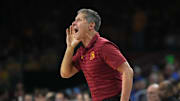 Jan 27, 2025; Los Angeles, California, USA; Southern California Trojans head coach Eric Musselman reacts against the UCLA Bruins in the first half at Galen Center. Mandatory Credit: Kirby Lee-Imagn Images