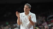 Feb 15, 2025; Los Angeles, California, USA; Southern California Trojans head coach Eric Musselman reacts against the Minnesota Golden Gophers in the first half at Galen Center. Mandatory Credit: Kirby Lee-Imagn Images