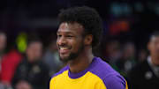 Jan 23, 2025; Los Angeles, California, USA; Los Angeles Lakers guard Bronny James (9) during the game against the Boston Celtics at the Crypto.com Arena. Mandatory Credit: Kirby Lee-Imagn Images