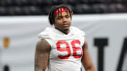 Jan 18, 2025; Atlanta, GA, USA; Ohio State Buckeyes defensive end Eddrick Houston (96) during practice at Mercedes-Benz Stadium. Mandatory Credit: Kirby Lee-Imagn Images