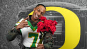Dec 30, 2024; Los Angeles, CA, USA; Oregon Ducks wide receiver Evan Stewart (7) poses during Rose Bowl media day at Sheraton Grand LA. 