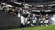 Dec 22, 2024; Paradise, Nevada, USA; Las Vegas Raiders guard Jackson Powers-Johnson (58) enters the field before the game against the Jacksonville Jaguars at Allegiant Stadium. Mandatory Credit: Kirby Lee-Imagn Images