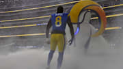 Dec 8, 2024; Inglewood, California, USA; Los Angeles Rams linebacker Jared Verse (8) enters the field before the game against the Buffalo Bills at SoFi Stadium. Mandatory Credit: Kirby Lee-Imagn Images