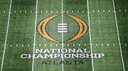 Jan 19, 2025; Atlanta, GA, USA; The College Football Playoff National Championship logo at midfield at Mercedes-Benz Stadium, the site of the 2025 College Football Playoff National Championship between the Ohio State Buckeyes and the Notre Dame Fighting Irish. Mandatory Credit: Kirby Lee-Imagn Images