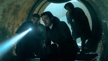 (L-R) Dilan (Théo Costa Marini), Andor (Diego Luna) and Enza Rylanz (Alaïs Lawson) in Lucasfilm's ANDOR Season 2, exclusively on Disney+. ©2024 Lucasfilm Ltd. & TM. All Rights Reserved.