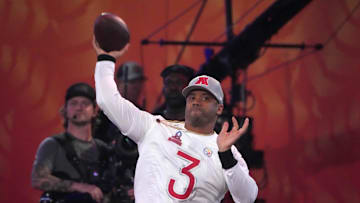 Jan 30, 2025; Orlando, FL, USA; AFC quarterback Russell Wilson of the Pittsburgh Steelers (3) throws the ball during the Passing the Test event at the Pro Bowl Skills Challenge at Nicholson Fieldhouse. Mandatory Credit: Kirby Lee-Imagn Images