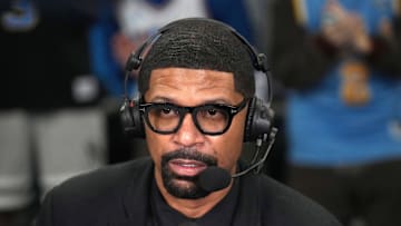 Jan 7, 2025; Los Angeles, California, USA; Peacock analyst Jalen Rose during the game between the Michigan Wolverines and the UCLA Bruins at Pauley Pavilion presented by Wescom. Mandatory Credit: Kirby Lee-Imagn Images