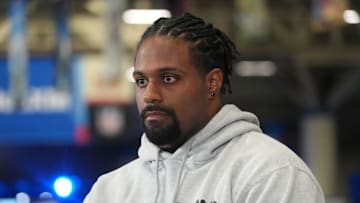 Feb 7, 2025; New Orleans, LA, USA; Cameron Jordan on the NFL Network set on Radio Row at the Super Bowl LIX media center. Mandatory Credit: Kirby Lee-Imagn Images