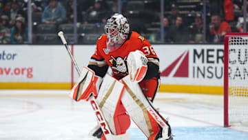 Anaheim Ducks goaltender John Gibson (36) Credit: Kirby Lee-Imagn Images