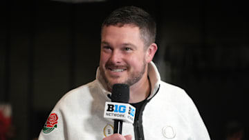 Dec 30, 2024; Los Angeles, CA, USA; Oregon Ducks head coach Dan Lanning on the Big Ten Network stage during Rose Bowl media day at Sheraton Grand LA.