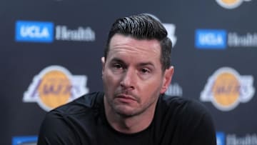 Dec 15, 2024; Los Angeles, California, USA; Los Angeles Lakers coach JJ Redick at a press conference at Crypto.com Arena. Mandatory Credit: Kirby Lee-Imagn Images