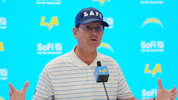 Jan 15, 2025; El Segundo, CA, USA; Los Angeles Chargers coach Jim Harbaugh at a press conference at The Bolt. Mandatory Credit: Kirby Lee-Imagn Images
