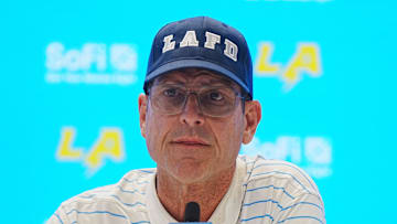 Jan 15, 2025; El Segundo, CA, USA; Los Angeles Chargers coach Jim Harbaugh at a press conference at The Bolt. Mandatory Credit: Kirby Lee-Imagn Images