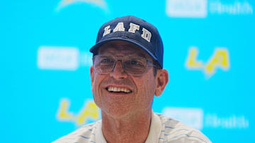 Jan 15, 2025; El Segundo, CA, USA; Los Angeles Chargers coach Jim Harbaugh at a press conference at The Bolt. Mandatory Credit: Kirby Lee-Imagn Images