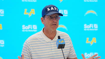 Jan 15, 2025; El Segundo, CA, USA; Los Angeles Chargers coach Jim Harbaugh at a press conference at The Bolt. Mandatory Credit: Kirby Lee-Imagn Images