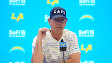 Jan 15, 2025; El Segundo, CA, USA; Los Angeles Chargers coach Jim Harbaugh at a press conference at The Bolt. Mandatory Credit: Kirby Lee-Imagn Images