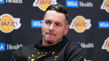 Nov 29, 2024; Los Angeles, California, USA; Los Angeles Lakers coach J.J. Redick at a press conference at Crypto.com Arena. Mandatory Credit: Kirby Lee-Imagn Images