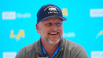 Jan 15, 2025; El Segundo, CA, USA; Los Angeles Chargers general manager Joe Hortiz at a press conference at The Bolt. Mandatory Credit: Kirby Lee-Imagn Images