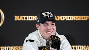 Jan 21, 2025; Atlanta, GA, USA; Ohio State Buckeyes quarterback Will Howard during CFP National Championship Champions press conference at The Westin Peachtree Plaza, Savannah Ballroom. Mandatory Credit: Kirby Lee-Imagn Images