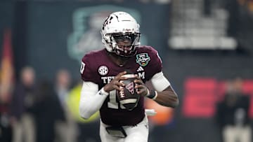 Dec 27, 2024; Las Vegas, NV, USA; Texas A&M Aggies quarterback Marcel Reed (10) throws the ball against the Southern California Trojans in the first half at Allegiant Stadium. Mandatory Credit: Kirby Lee-Imagn Images