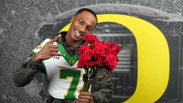 Dec 30, 2024; Los Angeles, CA, USA; Oregon Ducks wide receiver Evan Stewart (7) poses during Rose Bowl media day at Sheraton Grand LA. Mandatory Credit: Kirby Lee-Imagn Images
