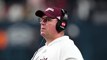 Dec 27, 2024; Las Vegas, NV, USA; Texas A&M Aggies head coach Mike Elko reacts against the Southern California Trojans in the second half at Allegiant Stadium. Mandatory Credit: Kirby Lee-Imagn Images