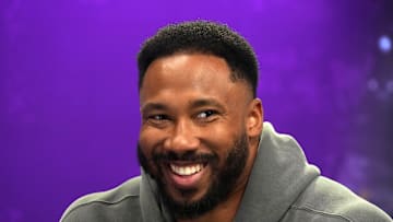 Feb 5, 2025; New Orleans, LA, USA; Cleveland Browns defensive end Myles Garrett on radio row at the Super Bowl LIX media center at the Ernest N. Morial Convention Center. Mandatory Credit: Kirby Lee-Imagn Images