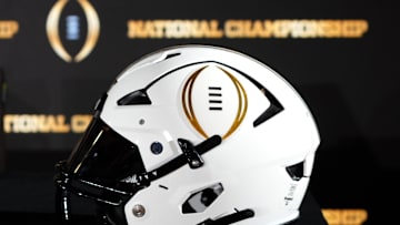 Jan 19, 2025; Atlanta, GA, USA; A College Football Playoff logo helmet at a press conference at The Westin Peachtree Plaza, Savannah Ballroom. Mandatory Credit: Kirby Lee-Imagn Images