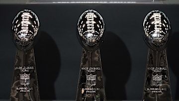 Jan 27, 2025; Henderson, NV, USA; The Oakland and Las Los Angeles Raiders Vince Lombardi Super Bowl 11 (XI), Super Bowl 15 (XV) and Super Bowl 28 (XVIII) champion trophies at the Intermountain Health Performance Center. Mandatory Credit: Kirby Lee-Imagn Images