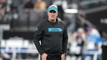 Dec 22, 2024; Paradise, Nevada, USA; Jacksonville Jaguars coach Doug Pederson looks on during the game against the Las Vegas Raiders at Allegiant Stadium. Mandatory Credit: Kirby Lee-Imagn Images