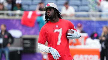 Feb 1, 2025; Orlando, FL, USA; Jacksonville Jaguars receiver Brian Thomas Jr. (7) during AFC Practice for the Pro Bowl Games at Camping World Stadium. Mandatory Credit: Kirby Lee-Imagn Images