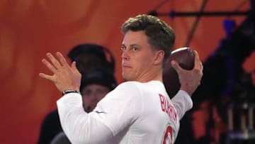 Jan 30, 2025; Orlando, FL, USA; AFC quarterback Joe Burrow of the Cincinnati Bengals throws the ball during the Passing the Test event at the Pro Bowl Skills Challenge at Nicholson Fieldhouse. Mandatory Credit: Kirby Lee-Imagn Images