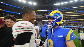 Arizona Cardinals linebacker Julian Okwara and Los Angeles Rams quarterback Matthew Stafford.