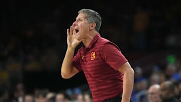 Jan 27, 2025; Los Angeles, California, USA; Southern California Trojans head coach Eric Musselman reacts against the UCLA Bruins in the first half at Galen Center. Mandatory Credit: Kirby Lee-Imagn Images