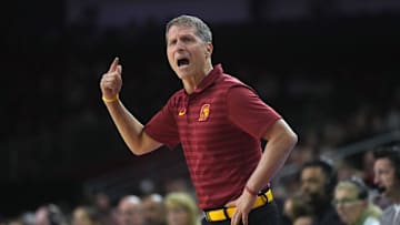 Jan 14, 2025; Los Angeles, California, USA; Southern California Trojans head coach Eric Musselman reacts in the first half against the Iowa Hawkeyes at Galen Center. Mandatory Credit: Kirby Lee-Imagn Images