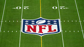 Feb 1, 2025; Orlando, FL, USA; An overall view of the NFL shield logo at midfield on the Camping World Stadium flag football field. Mandatory Credit: Kirby Lee-Imagn Images