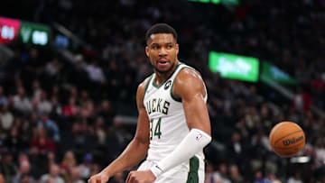 Jan 25, 2025; Inglewood, California, USA; Milwaukee Bucks forward Giannis Antetokounmpo (34) celebrates against the LA Clippers in the second half at Intuit Dome. Mandatory Credit: Kirby Lee-Imagn Images