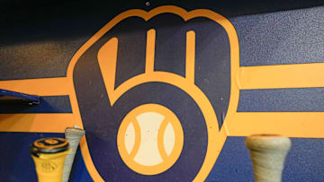 Apr 18, 2025; Milwaukee, Wisconsin, USA;  General view of the Milwaukee Brewers logo in the dugout during batting practice prior to the game against the Athletics at American Family Field. Mandatory Credit: Jeff Hanisch-Imagn Images