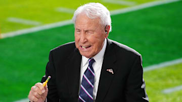 Jan 1, 2025; Pasadena, California, USA; Lee Corso on the ESPN Gameday set at Rose Bowl Stadium. Mandatory Credit: Kirby Lee-Imagn Images